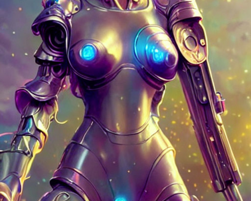 Futuristic female android with glowing blue elements and pink hair in silver armor