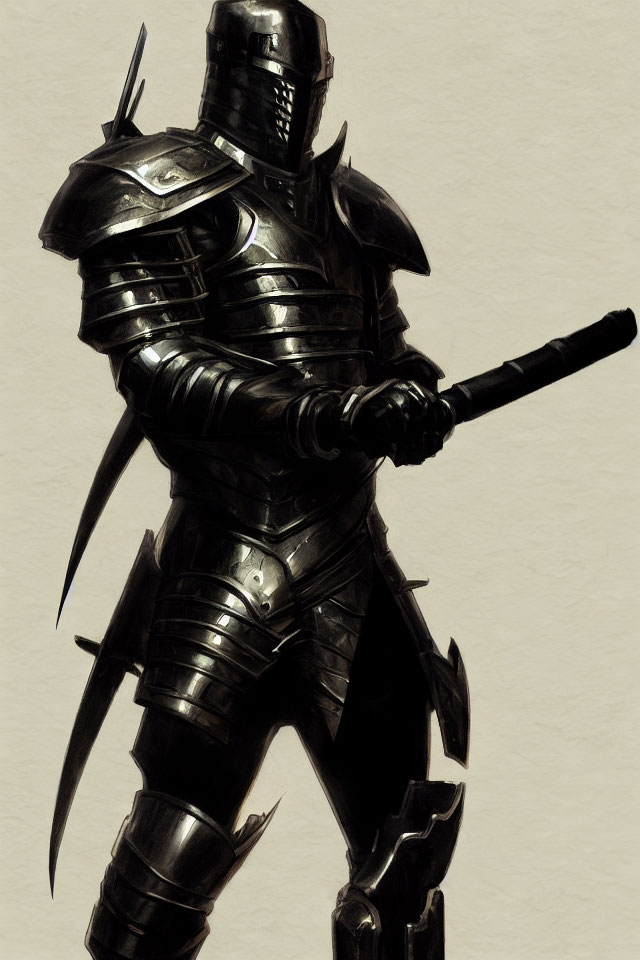 Dark-toned knight in full plate armor with baton weapon on parchment-like background
