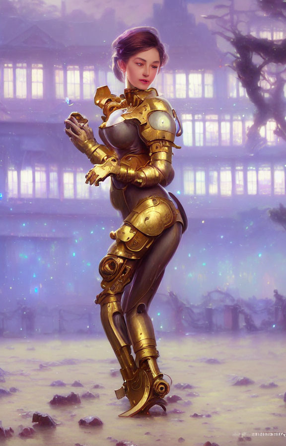 Golden sci-fi armor woman in misty landscape with whimsical tree house