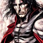 Fantasy male character with long black hair, green eyes, scars, armor, and red cape