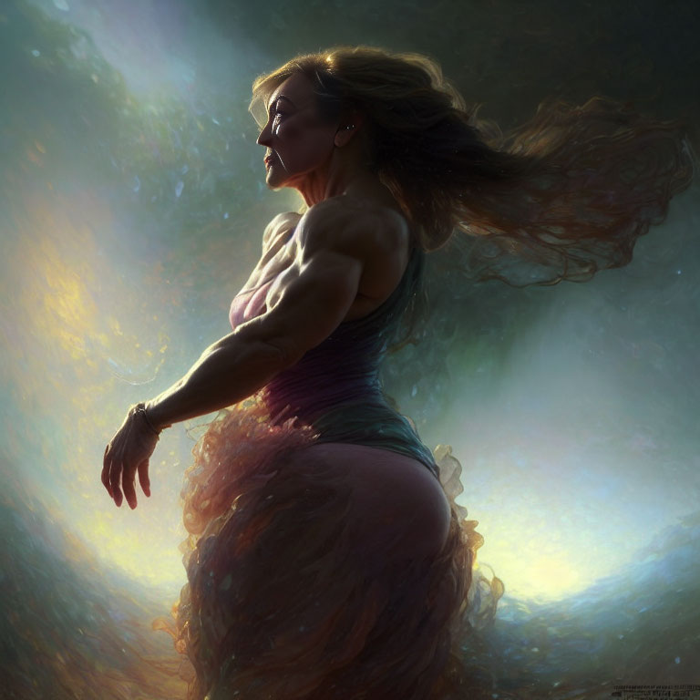 Long-haired woman with toned physique in ethereal light and swirling energies.