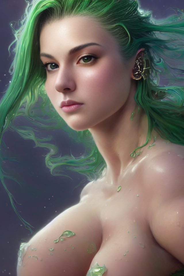 Digital painting of figure with vibrant green hair and captivating eyes on mystical purple backdrop