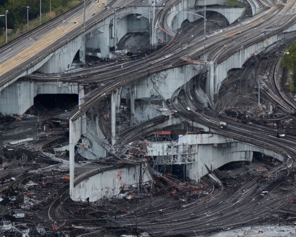 Damaged multi-layered highway interchange with charred remnants