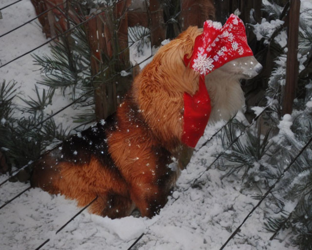 Red-scarfed dog in snowy scene with wooden fence and falling snowflakes