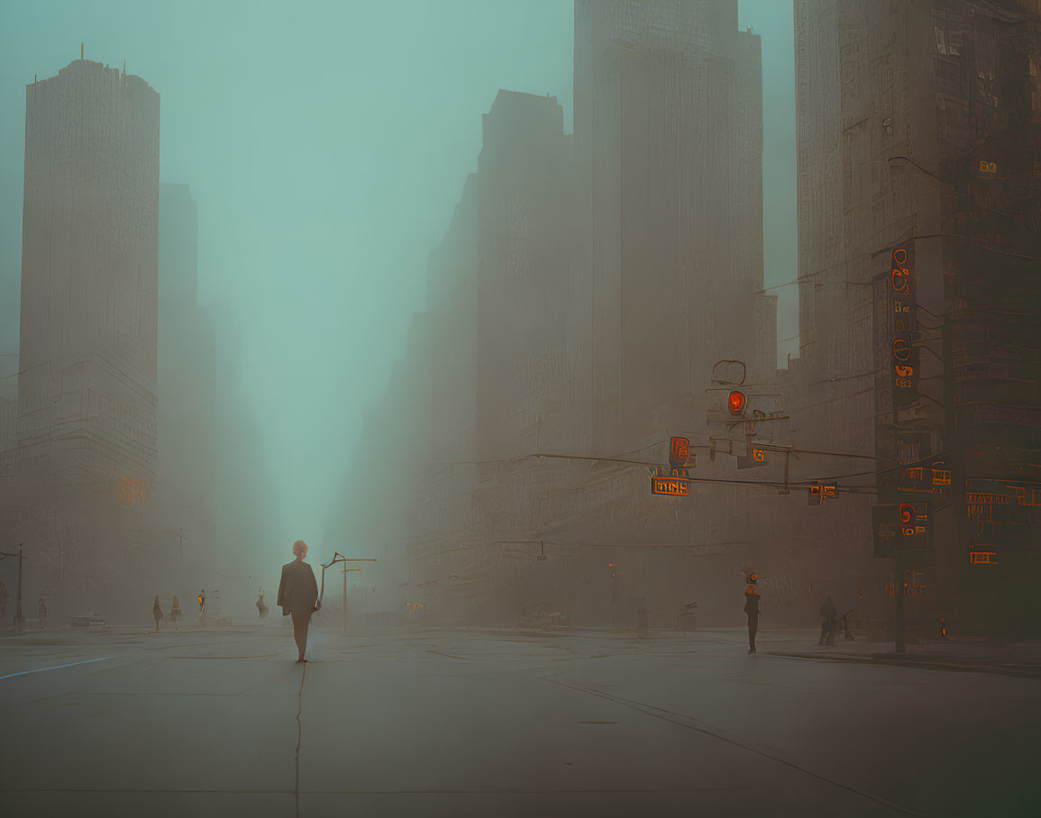 Urban intersection with misty atmosphere and towering buildings.
