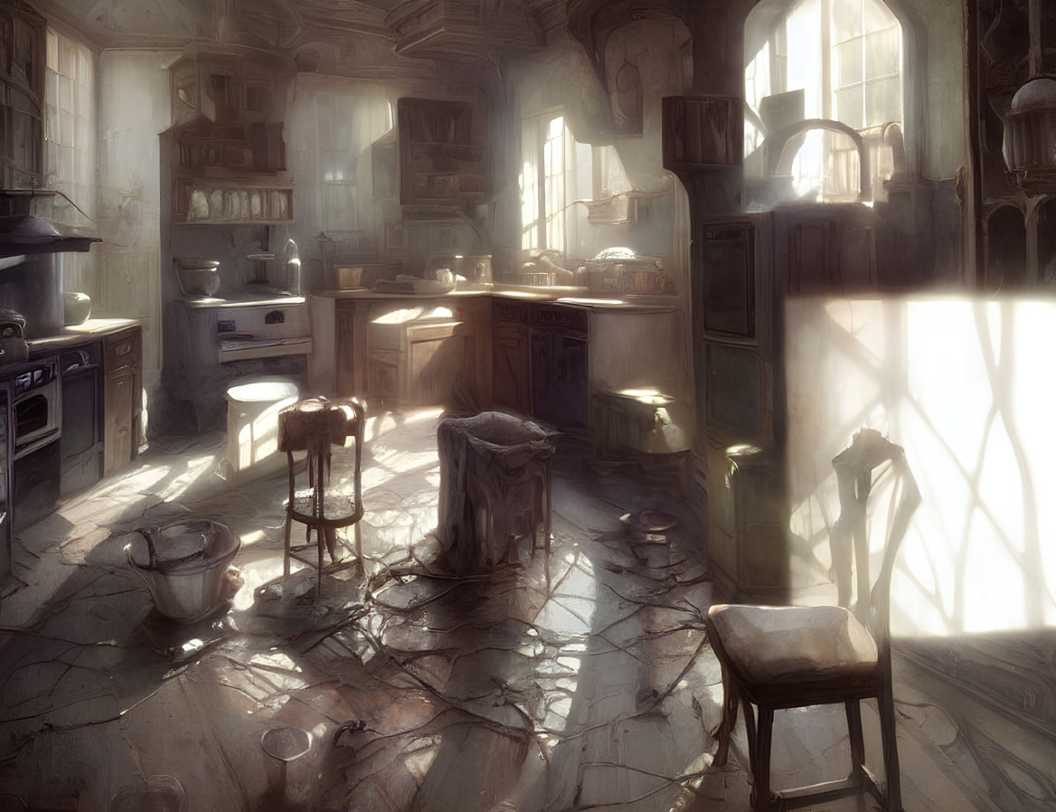 Abandoned kitchen with sunlight and shadows