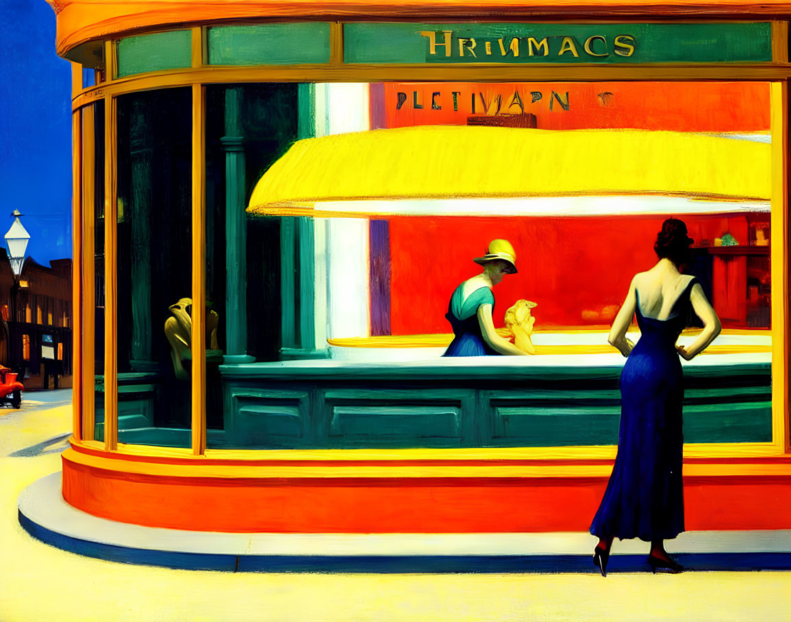 Colorful painting of two women by storefront with large windows & yellow awning