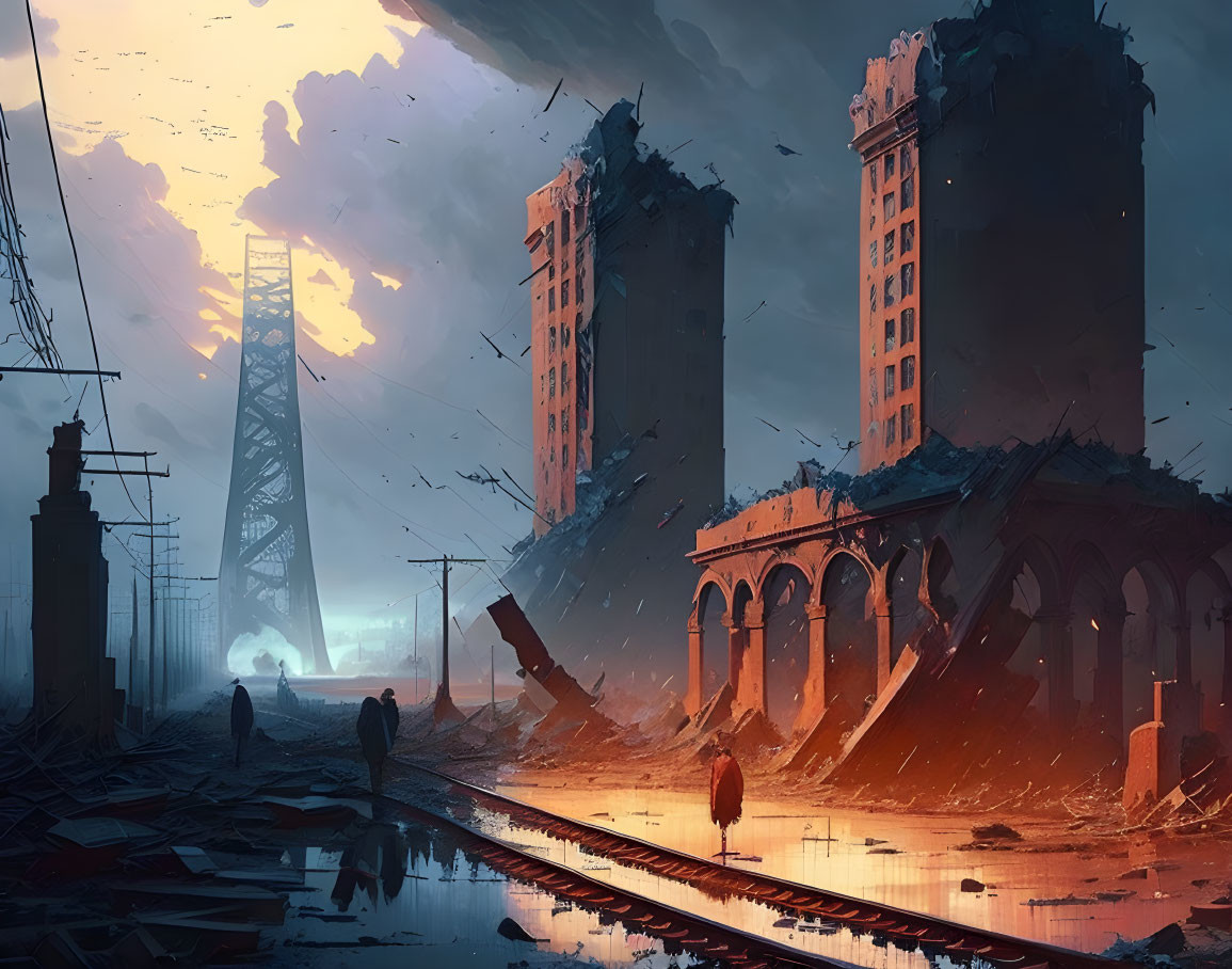 Dystopian landscape with destroyed buildings and railway under dramatic sky