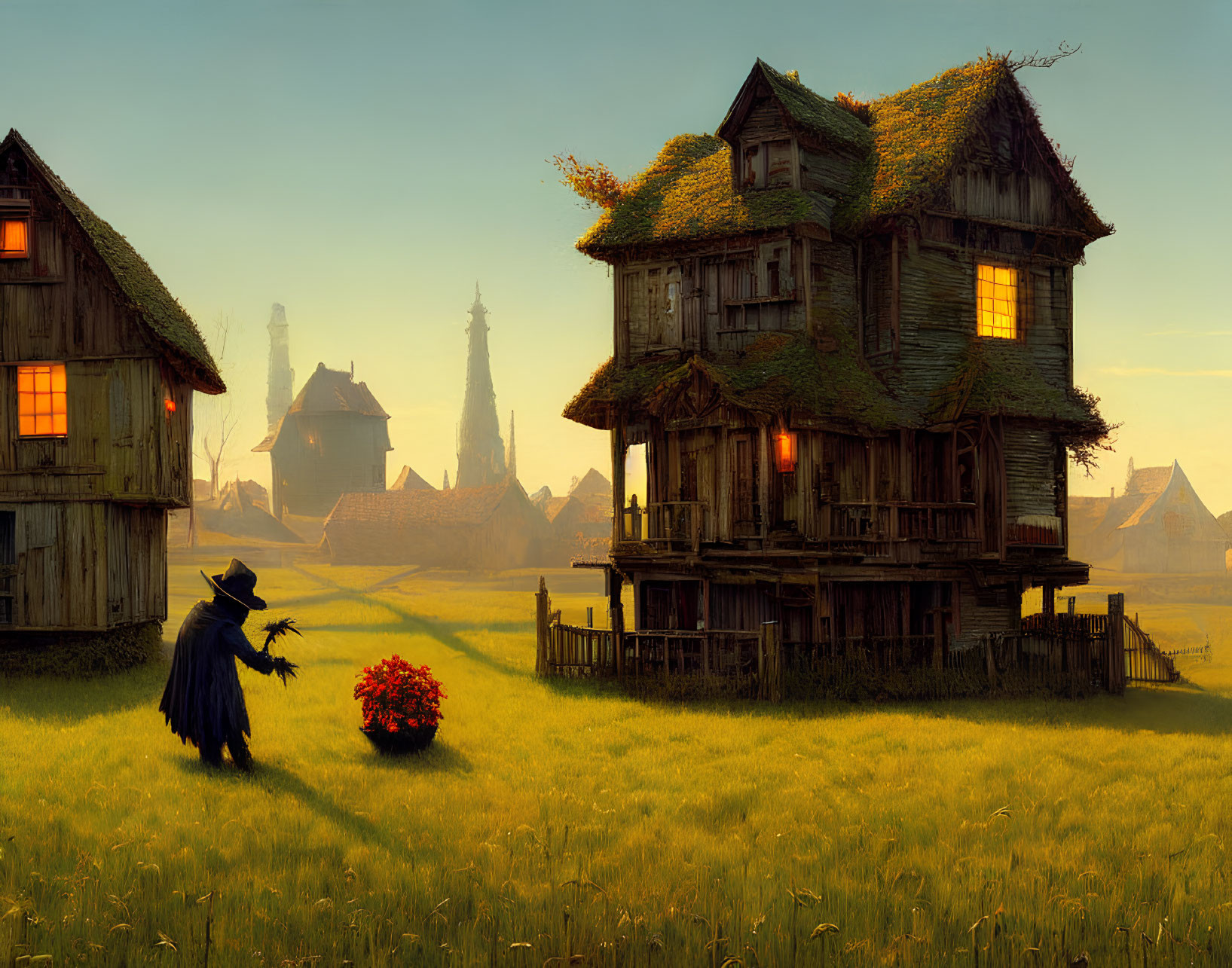 Cloaked figure by vibrant flowers, wooden houses, warm lights, industrial towers at sunset