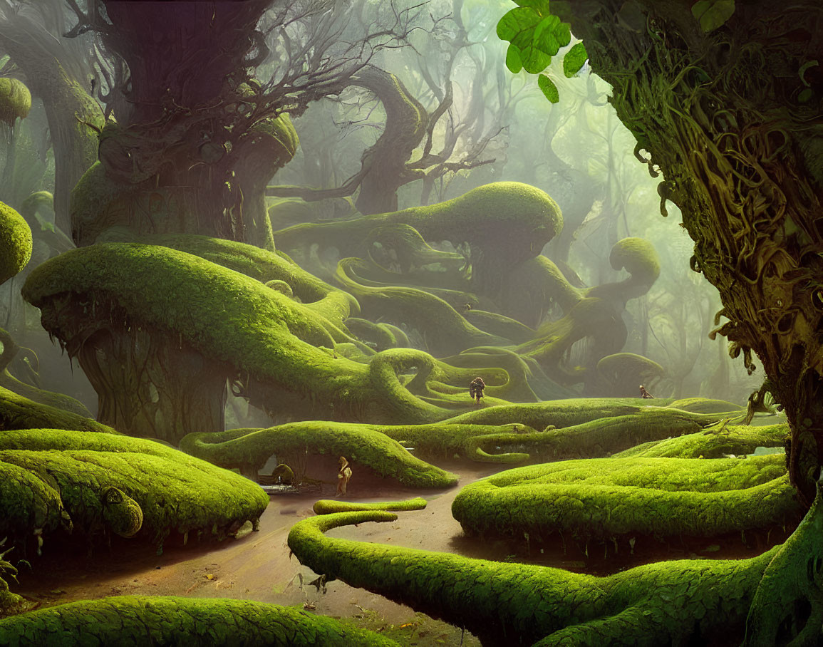 Mystical forest with moss-covered trees and serpentine roots