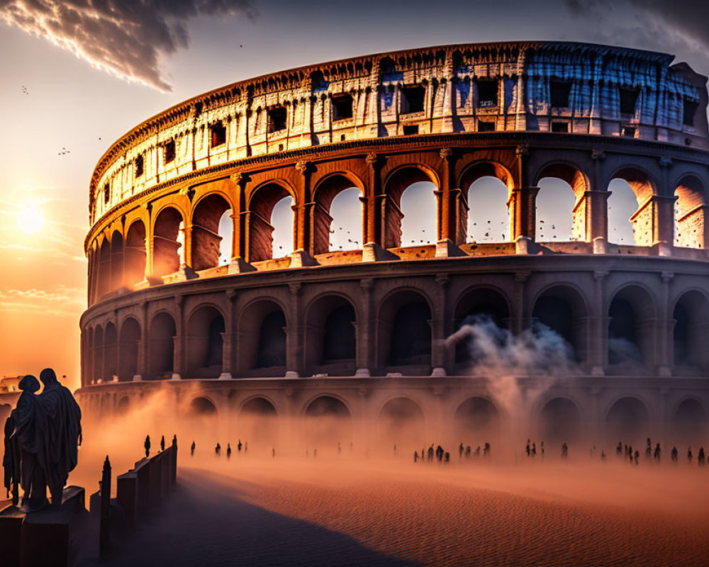 Colosseum at sunset with silhouettes of people and statue in misty ambiance