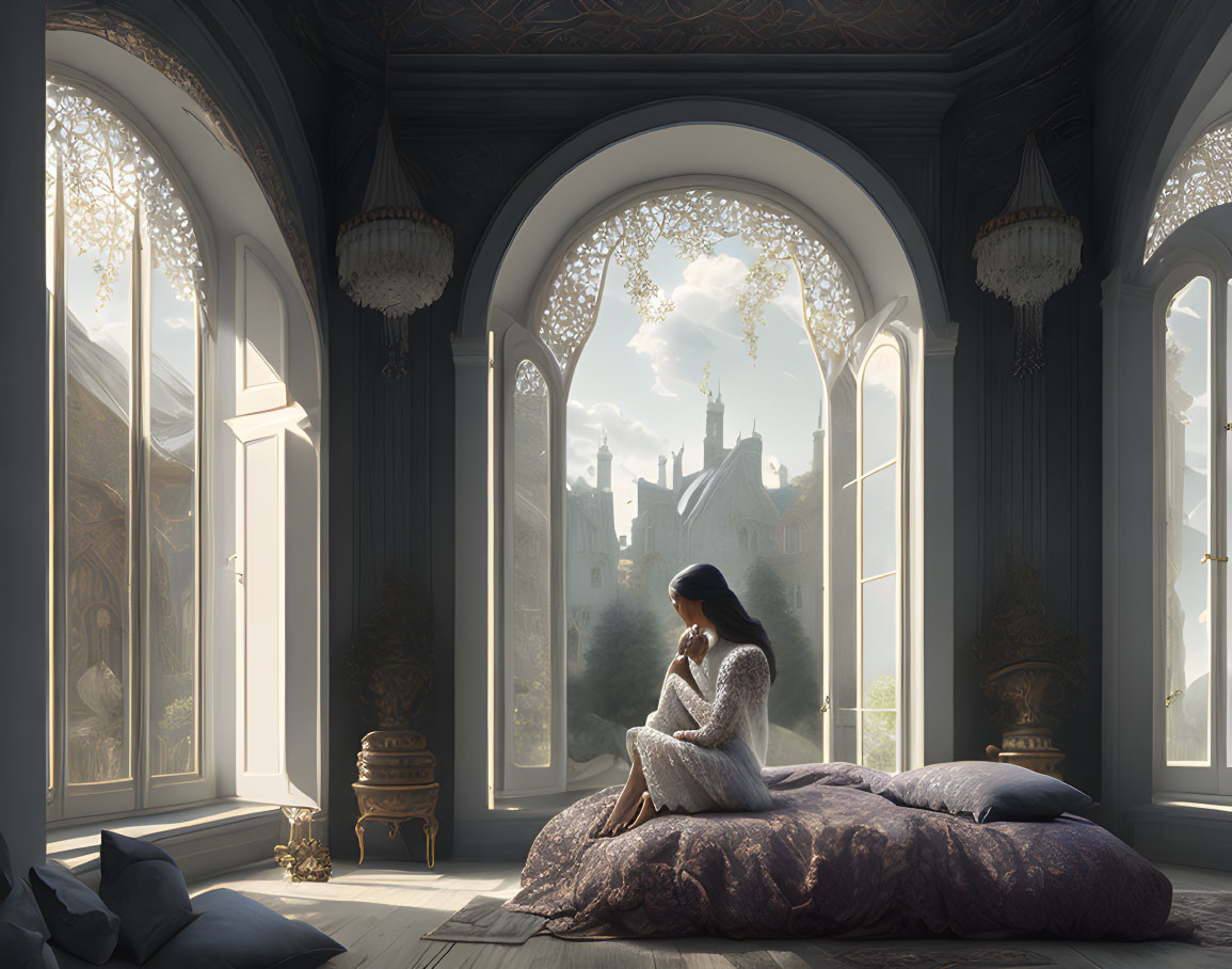 Woman in white dress sitting on bed in gothic room with castle view