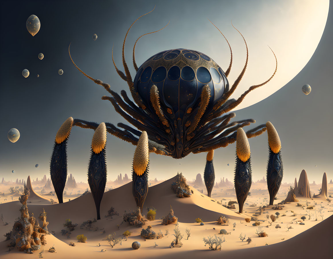 Surreal alien landscape with giant crab-like creature in desert dunes