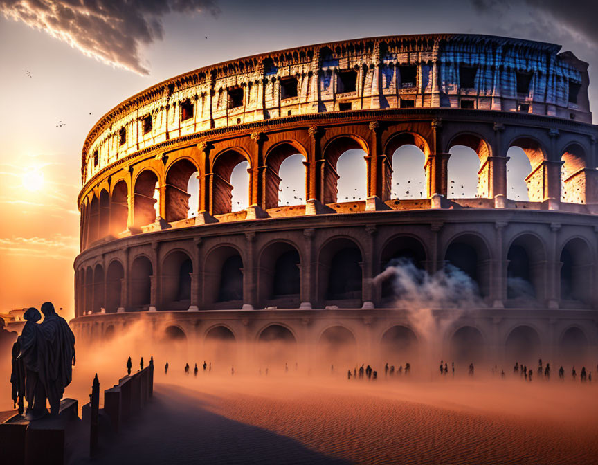 Colosseum at sunset with silhouettes of people and statue in misty ambiance