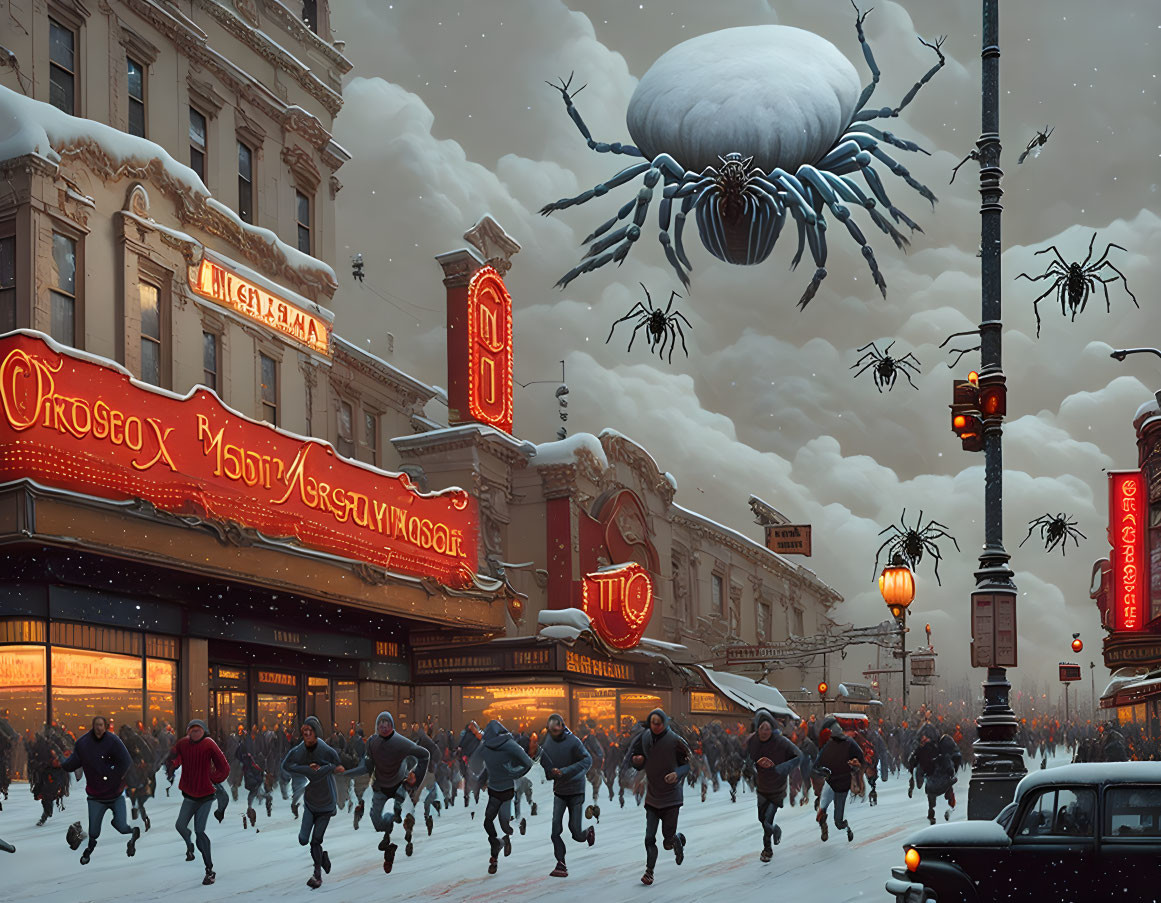 Snowy cityscape with people fleeing large spiders among vintage buildings.