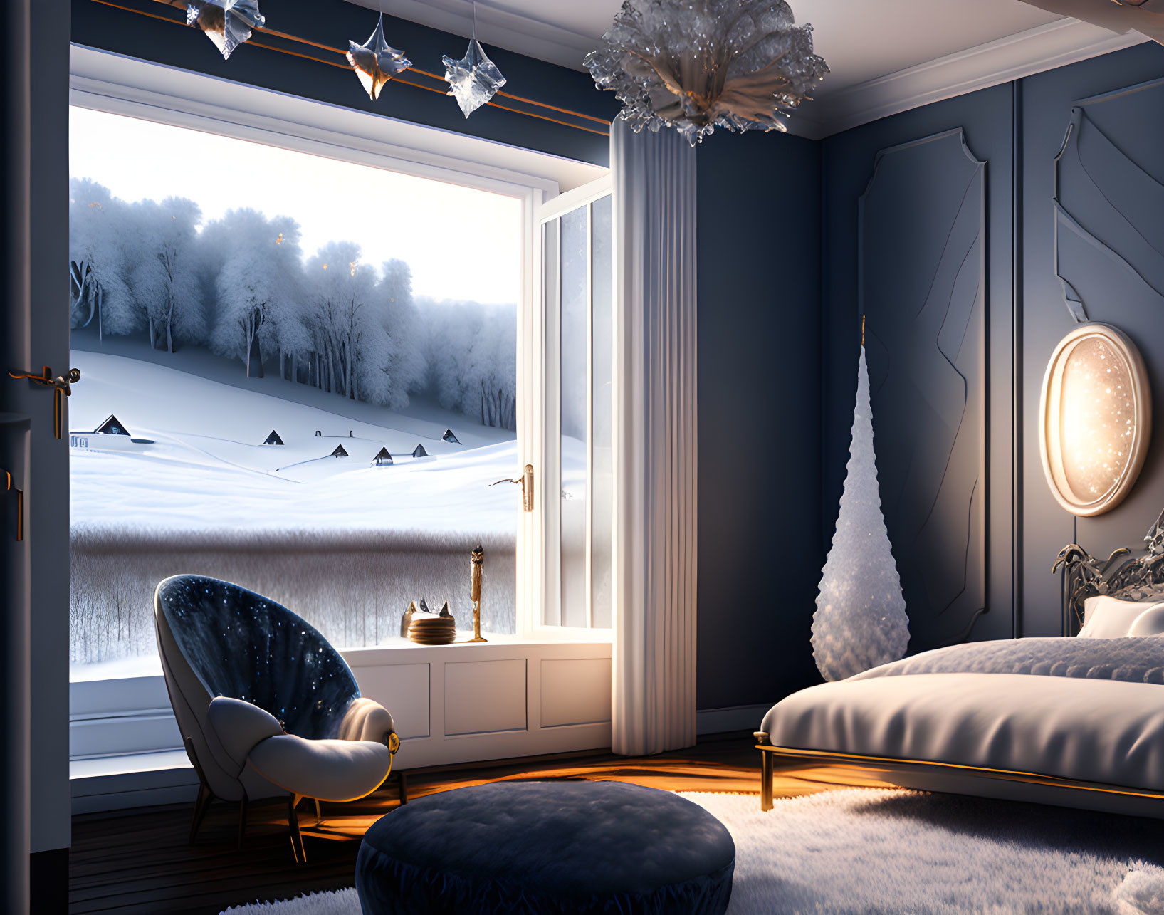 Winter-themed room with snowy view, elegant furniture, Christmas decor