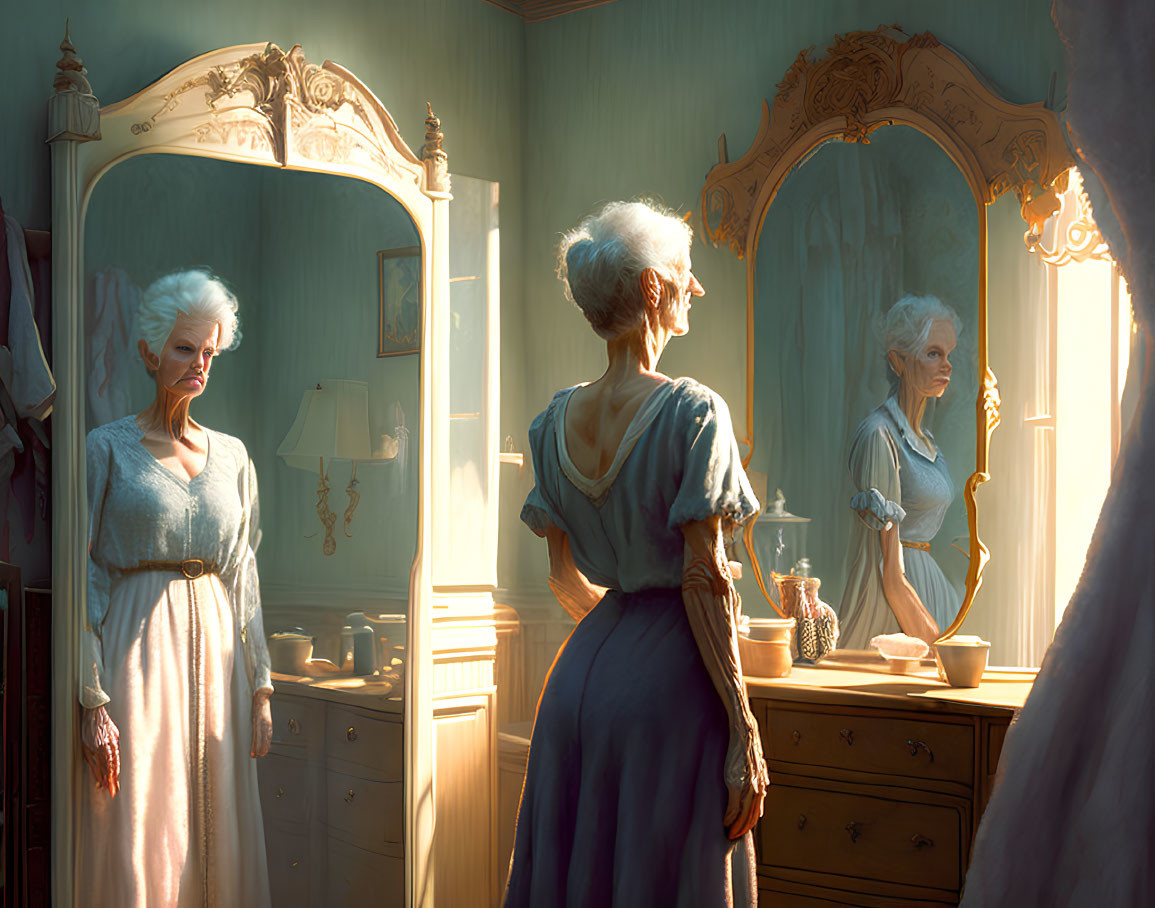 Elderly woman in vintage room gazes at reflection in standing mirror
