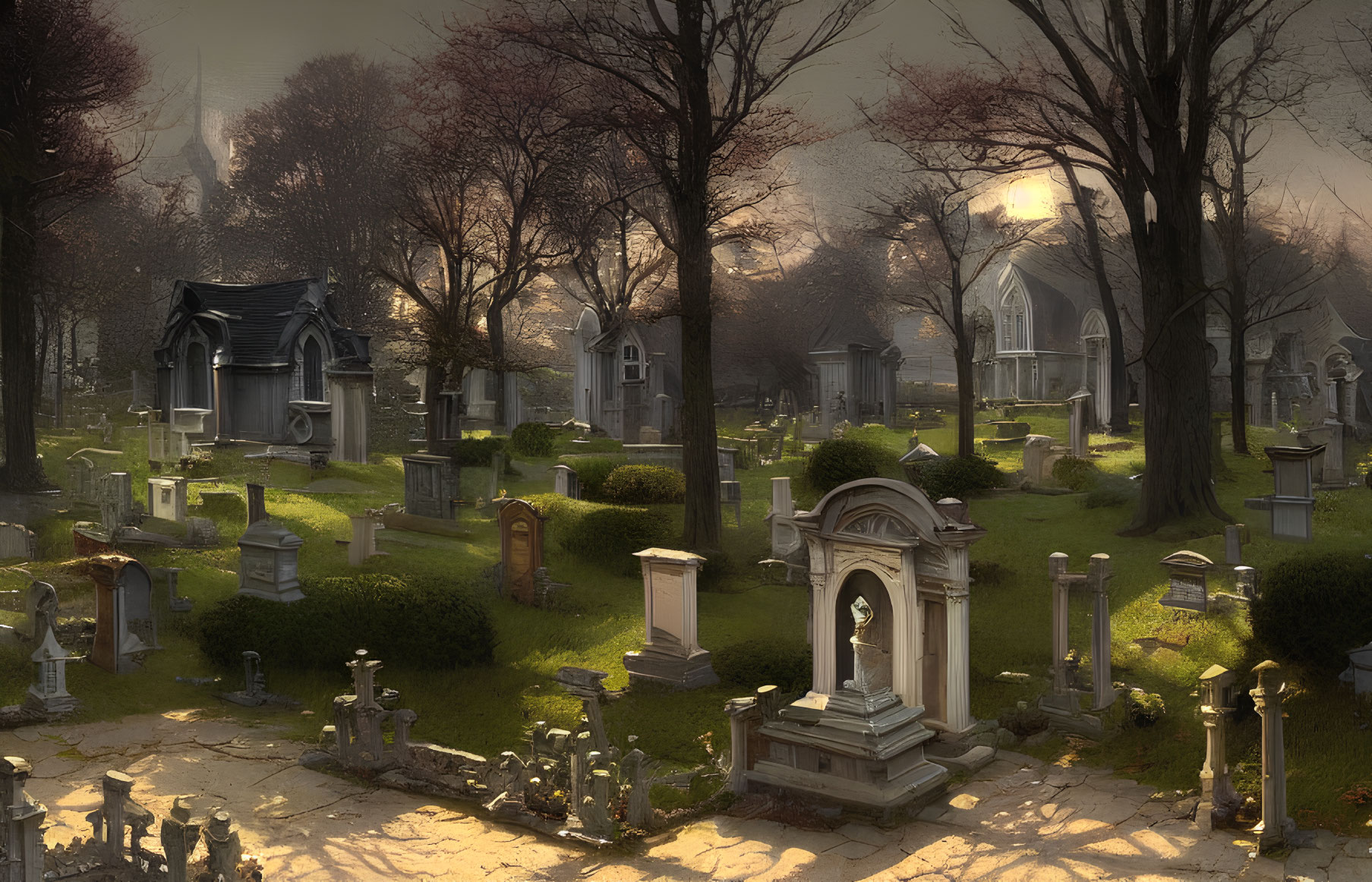 Misty graveyard with tombstones, statues, mausoleums, and autumn trees