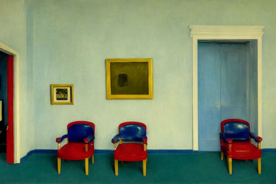 Serene room painting with blue walls, red chairs, and golden-framed artwork