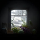 Tranquil natural landscape view through ornate window frame