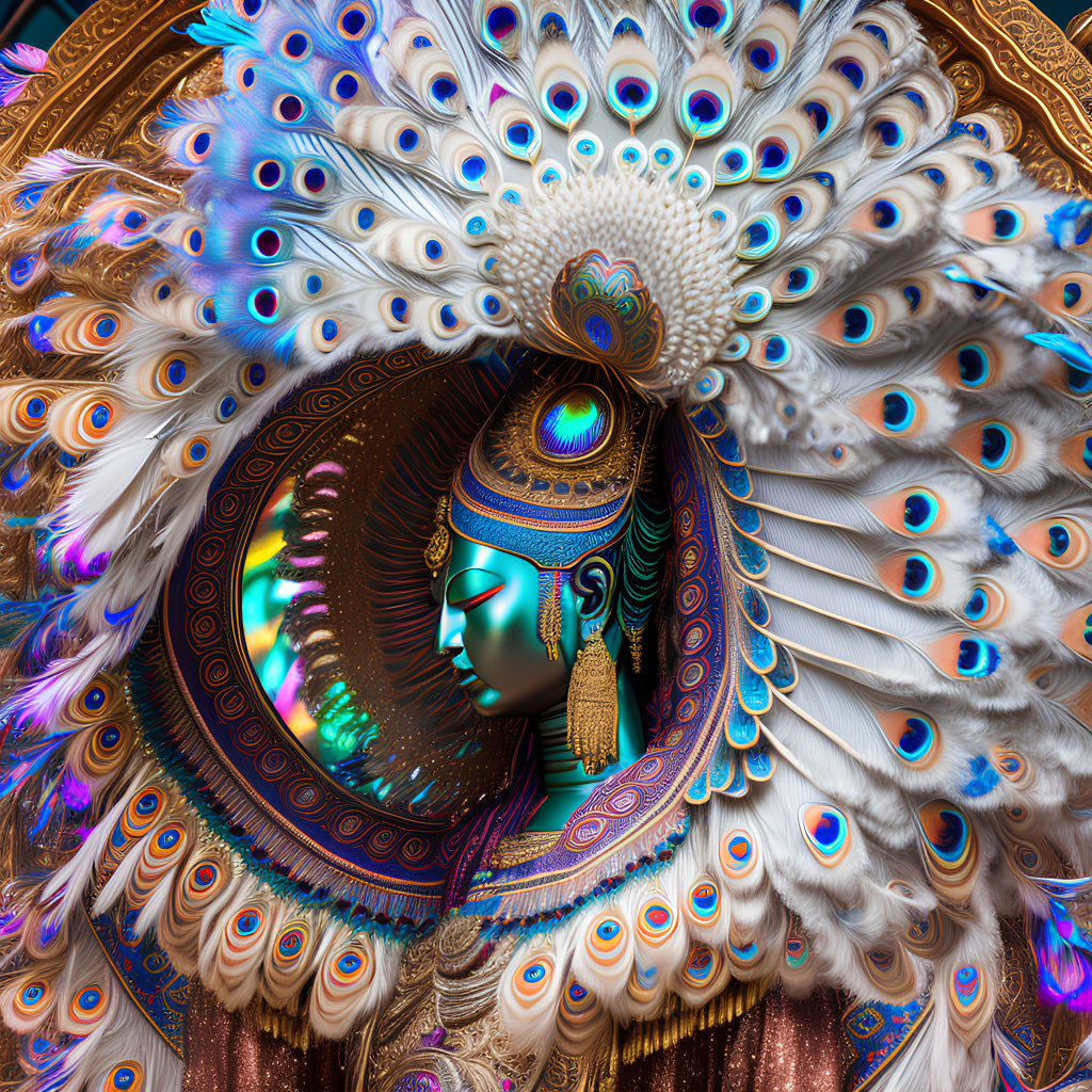 Serene blue-faced deity surrounded by peacock feathers in rich blues and golds