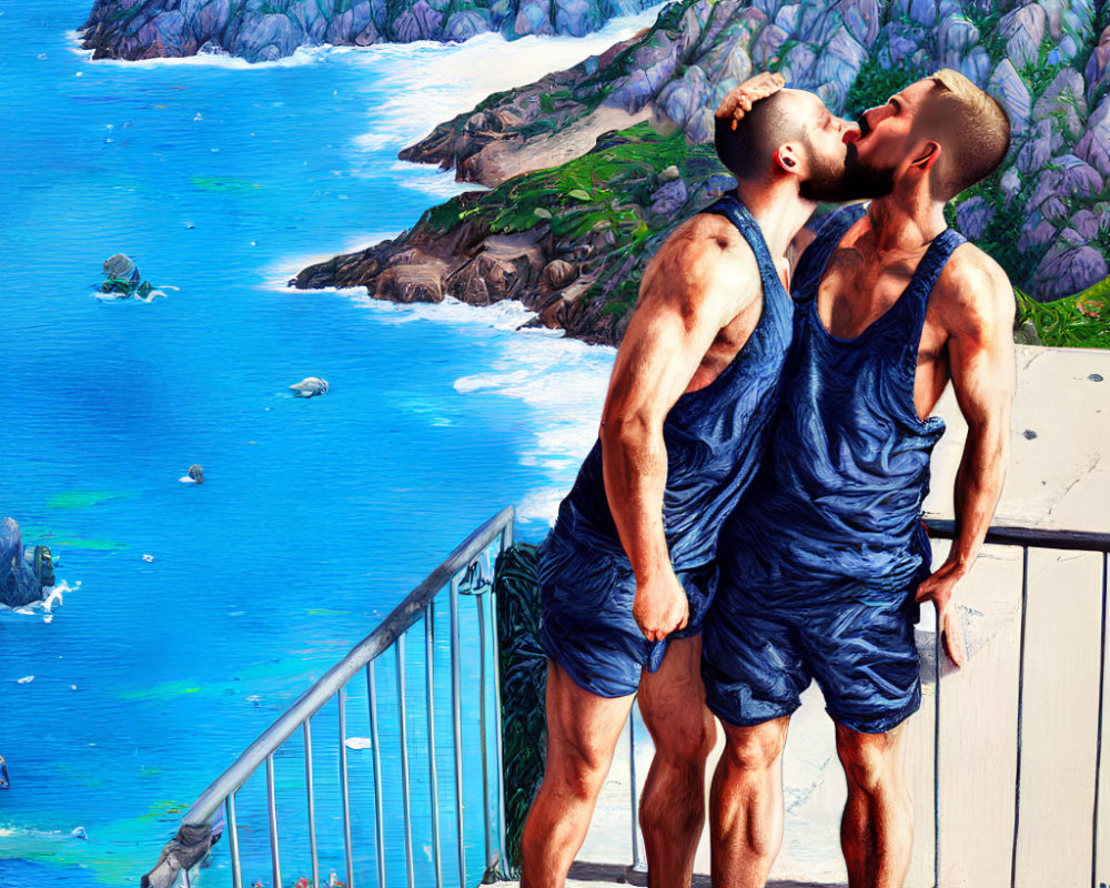 Two men kissing on balcony with ocean view.