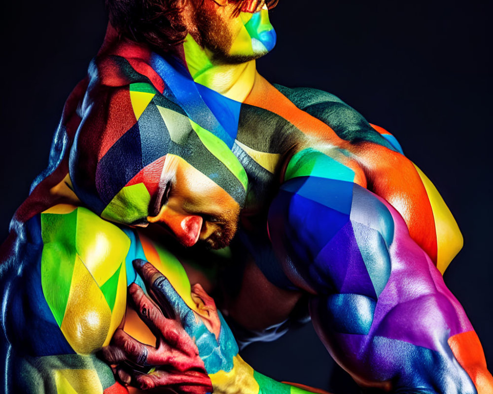 Colorful body paint embrace on dark background