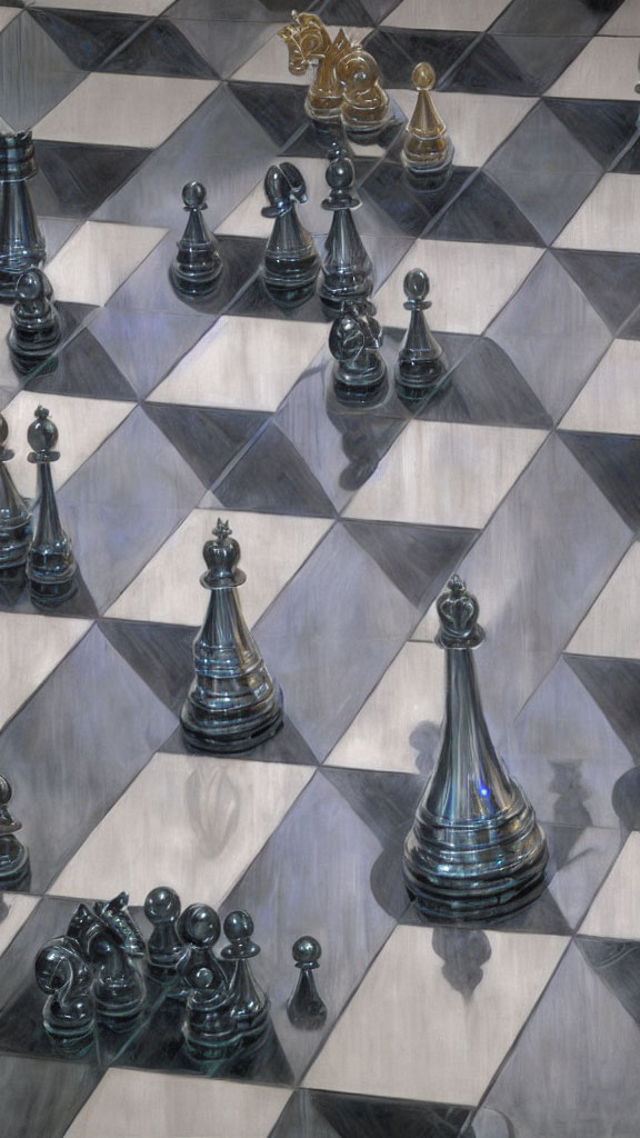 Chess pieces on checkered board with distorted perspective