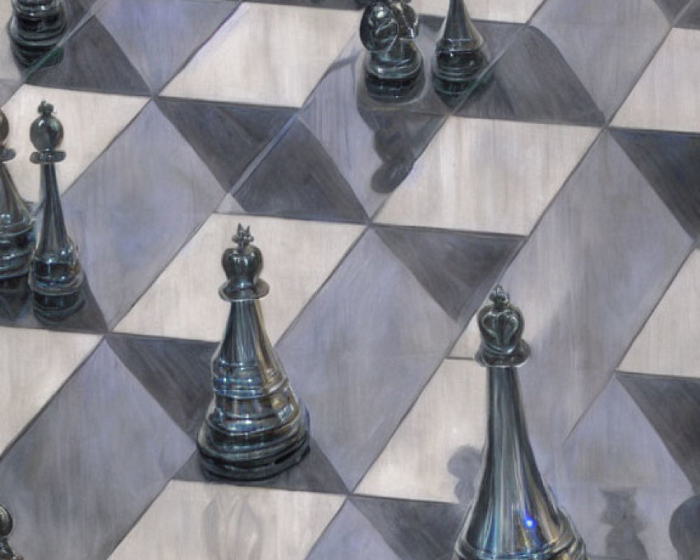 Chess pieces on checkered board with distorted perspective