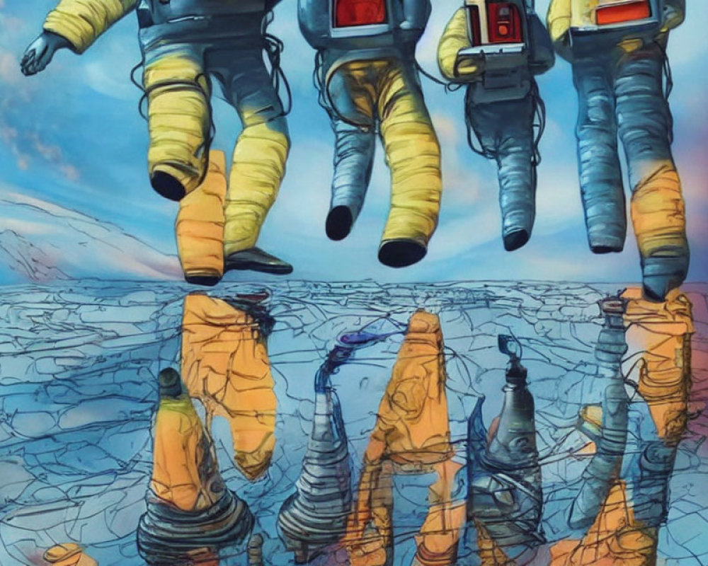 Four astronauts float above surreal landscape with fractured terrain and abstract towers