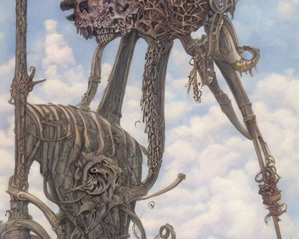 Skeletal mechanical warlord on bone steed in desolate landscape