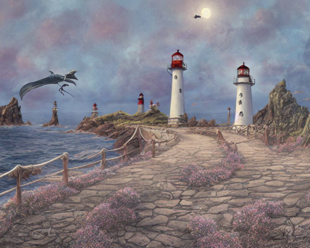Twin lighthouses in a fantastical seascape with flying dragon