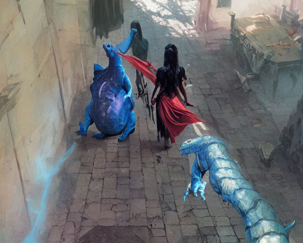 Warrior woman leads blue creature chased by serpent in fantasy alleyway