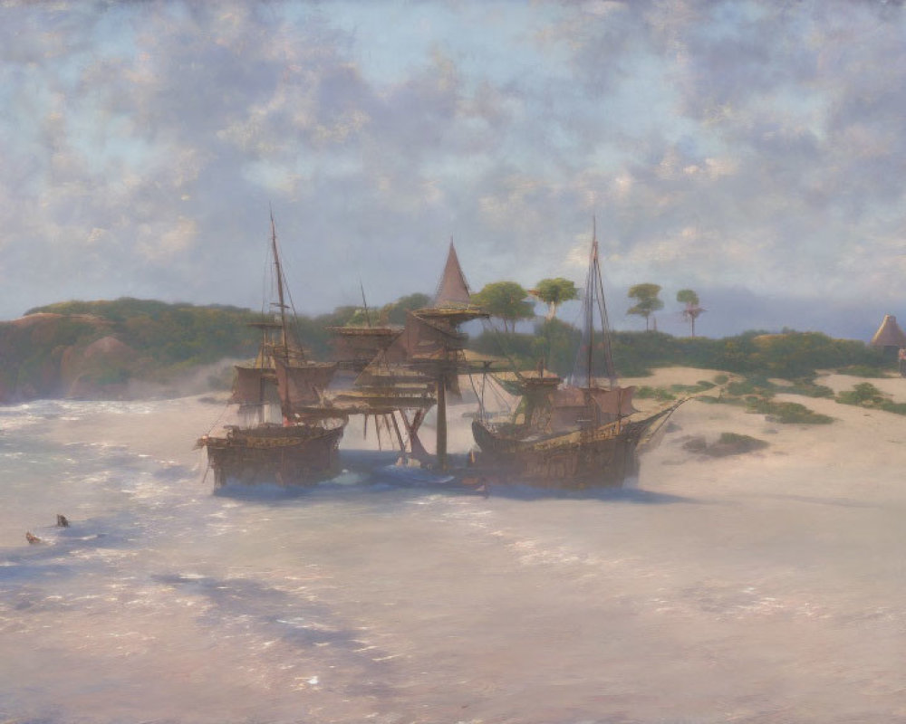 Sailing ships and huts on tropical coast under pastel sky