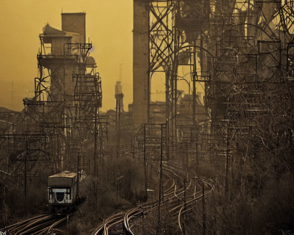 Vintage train travels through industrial landscape with leafless trees