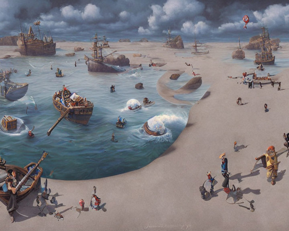 Surreal maritime artwork with ocean ribbon and traditional ships