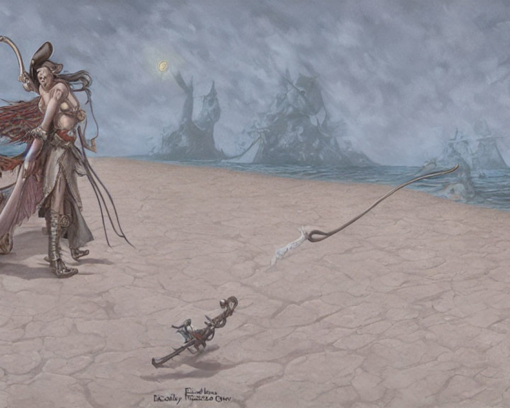 Fantasy warrior on cracked ground with chained weapon, eerie ships, and large skull