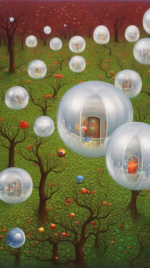 Fantasy landscape with translucent bubbles and cozy rooms among autumnal trees
