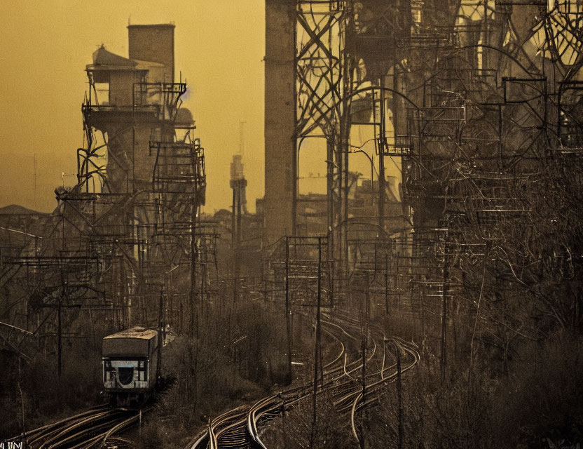 Vintage train travels through industrial landscape with leafless trees
