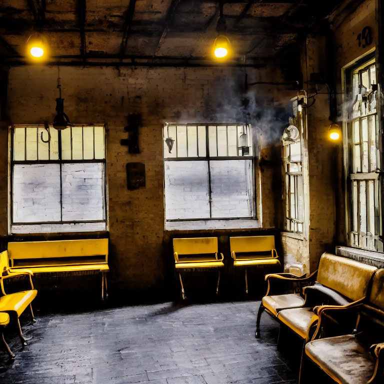 Vintage yellow benches, industrial lights, hazy air in room with large windows