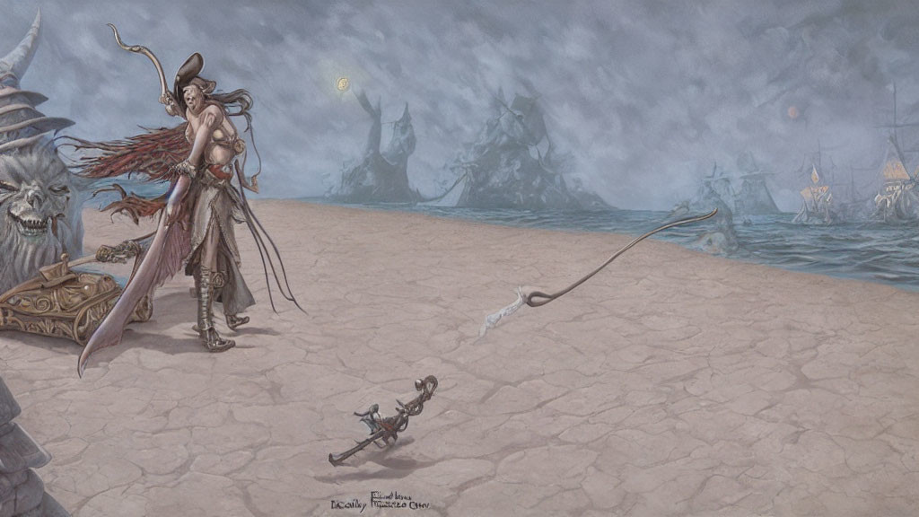 Fantasy warrior on cracked ground with chained weapon, eerie ships, and large skull