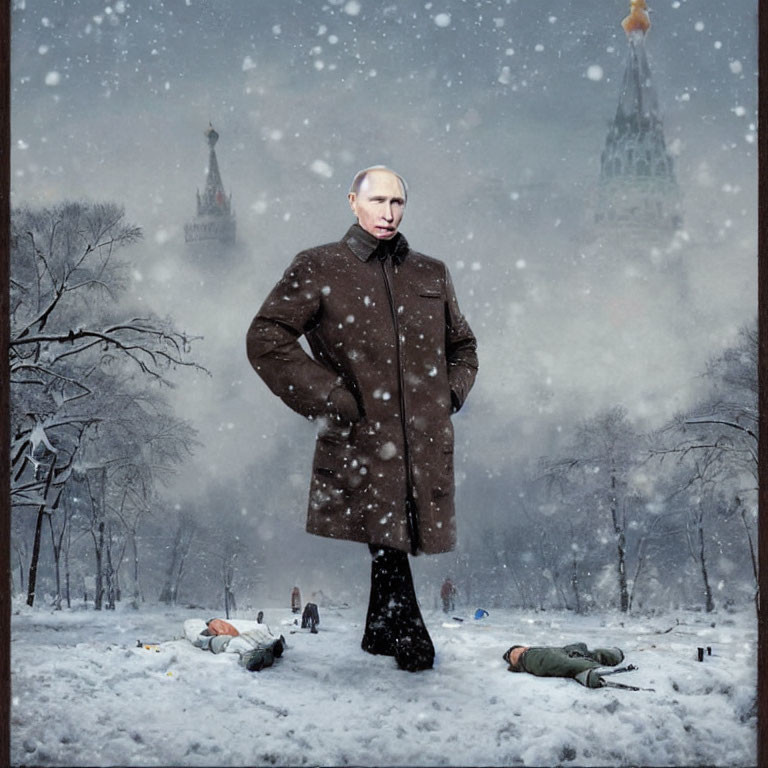 Man in coat surrounded by fallen figures in snowy park with tower.