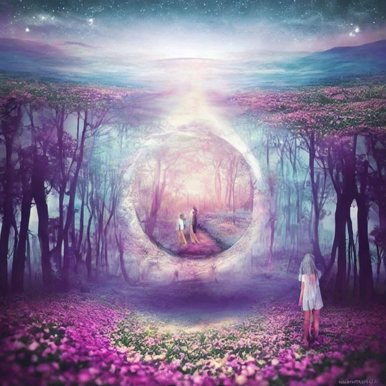 Fantasy landscape with glowing circular portal, couple, purple flowers, trees, and girl.