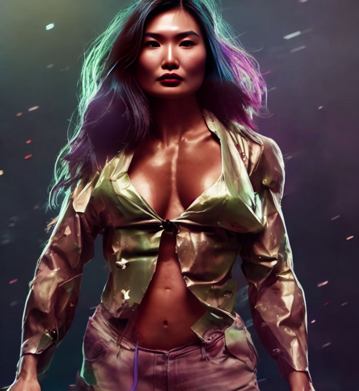 Multicolored hair woman in tied-up shirt and high-waist pants on sparkly backdrop