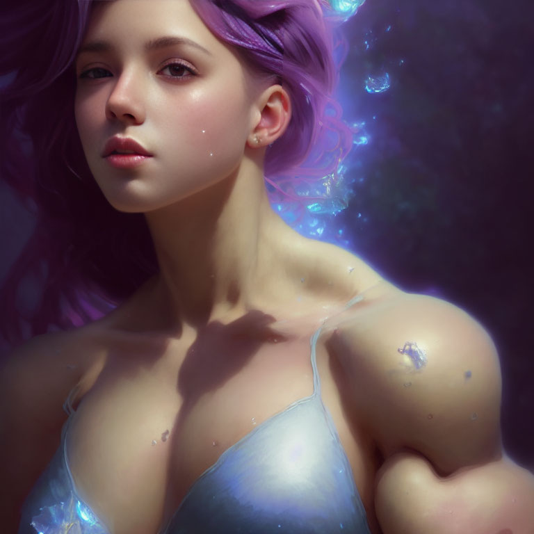 Violet-haired woman portrait with freckles and subtle glow on soft purple backdrop