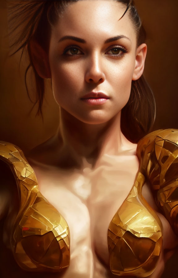 Person with Shoulder-Length Hair in Golden Armor Pose on Warm Background