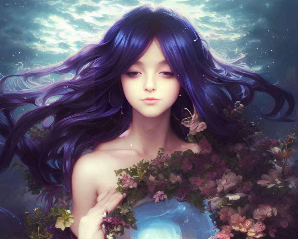 Fantasy illustration of female figure with purple hair, flowers, orb, celestial background