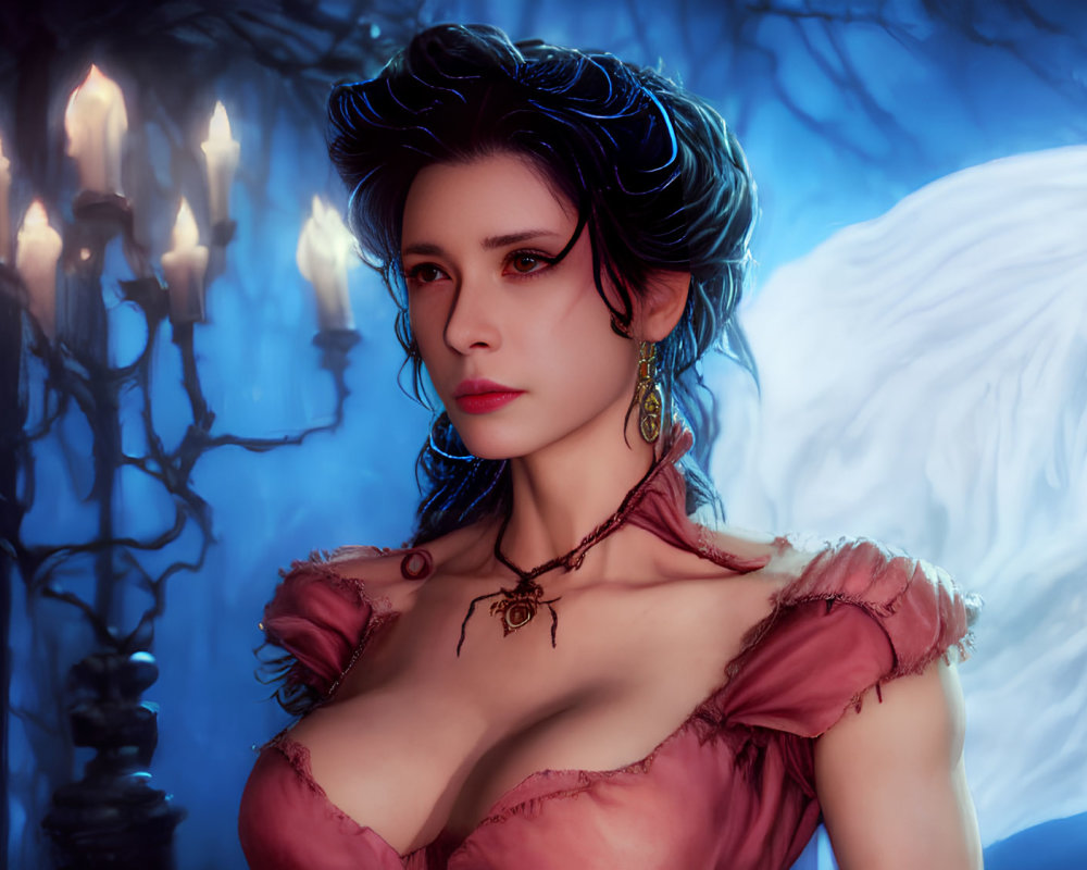 Digital artwork: Woman with dark hair, angel wings, pink dress, surrounded by lit candles and blue