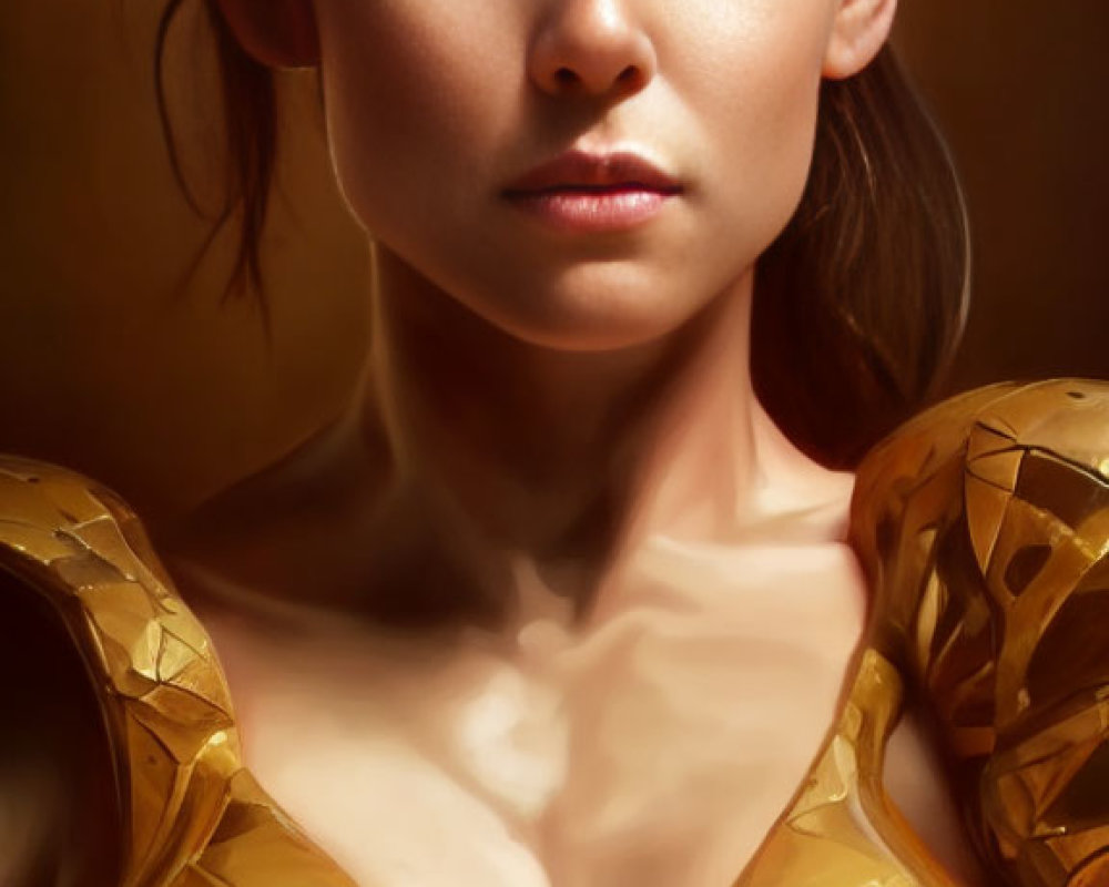 Person with Shoulder-Length Hair in Golden Armor Pose on Warm Background