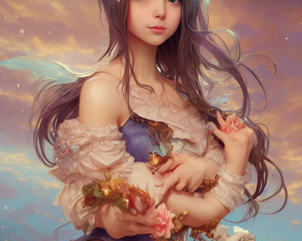 Fantasy character with flowing hair and floral adornments against pastel sky.